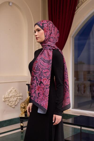 İpekhan Fuchsia Black Patterned Voile Silk Shawl - 9803-08