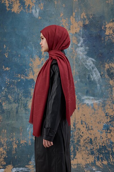 İpekhan Red Square Patterned Cotton Jacquard Shawl - 8012-15