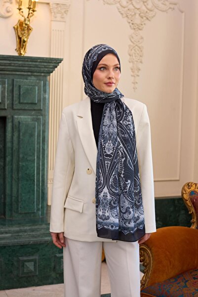 İpekhan Şal din voile cu model de mătase alb-negru - 9804-16