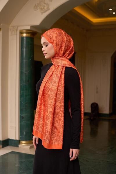 İpekhan Orange Silk Patterned Voile Shawl - 9803-29