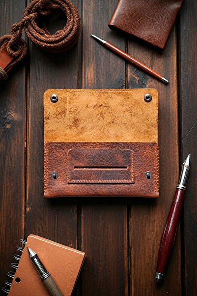 MAT Deri Taba Kahve Tütün Kesesi Cüzdan Tütün Çantası Hakiki Deri 17 x 8.5 cm Özel Dikişli Tütünlük