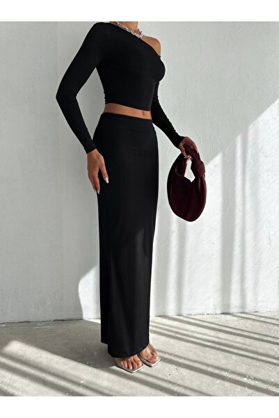 Freya Kadın Siyah Tek Omuz Uzun Kollu Crop Bluz&Yüksel Bel Uzun Etek Sendy Kumaş İkili Takım