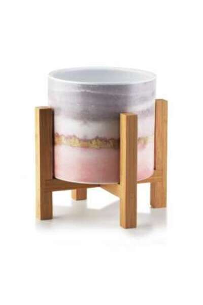 Mercaton Luxury ceramic flower pot with wooden stand, Ø 12.5, Height 16.5 cm, Gray