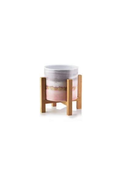 Mercaton Luxury ceramic flower pot with wooden stand, Ø 12.5, Height 16.5 cm, Gray
