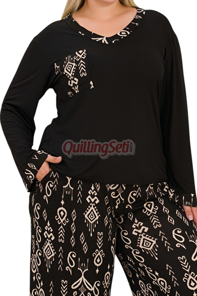 quilling 11430 Women's Long Sleeve Plus Size Mom Pajama Set with Black Color and Ethnic Pattern