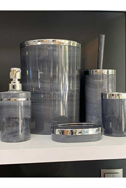 Ucuz Parçacım طقم حمام دائري من الأكريليك مكون من 5 قطع - نمط رخامي رمادي أنثراسيت، طلاء كروم فضي