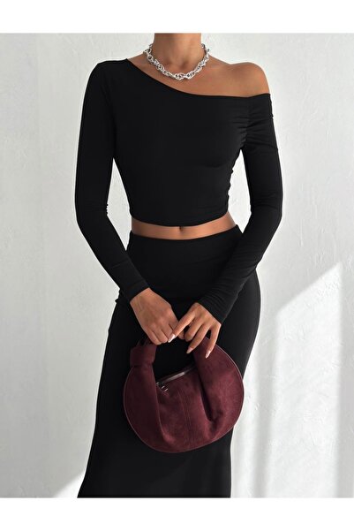 Freya Kadın Siyah Tek Omuz Uzun Kollu Crop Bluz&Yüksel Bel Uzun Etek Sendy Kumaş İkili Takım