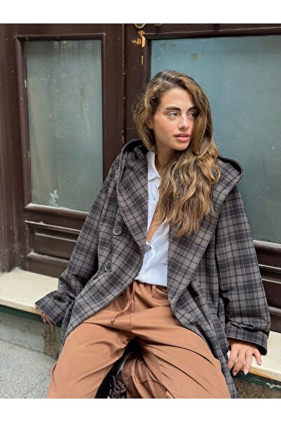 Retrobird Urban Retro Kapüşonlu Oversize Ceket Kaban Kadın Füme