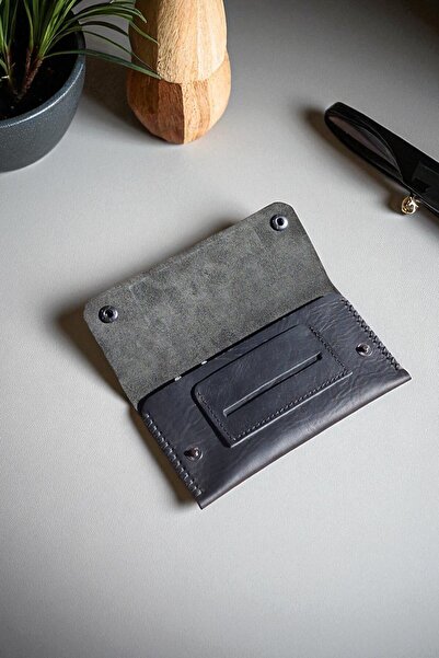 MAT Deri Siyah Tütün Kesesi Cüzdan Tütün Çantası Hakiki Deri Tütünlük 17 x 8.5 cm