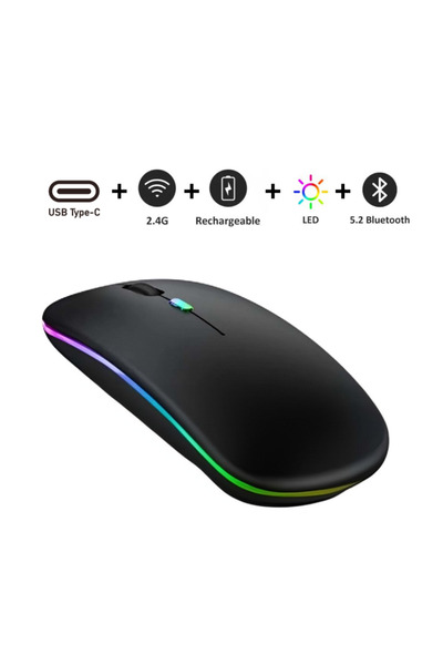 TEKMAKG Kablosuz Fare Wireless Mouse, Bluetooth 5.2, Şarjlı, Ergonomik, Type-c, 800/1200/1600 Dpı, Led Işık