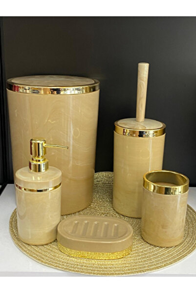 Ucuz Parçacım Acrylic Round Bathroom Set 5 Pieces – Cream Marble Pattern, Stylish Design with Gold Chrome Finish