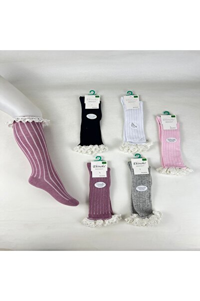 DRESSY LIFE 6-пакет безшевни чорапи до коляното с дантелени детайли за момичета в лилаво, сиво, бяло, розово, кремаво и черно