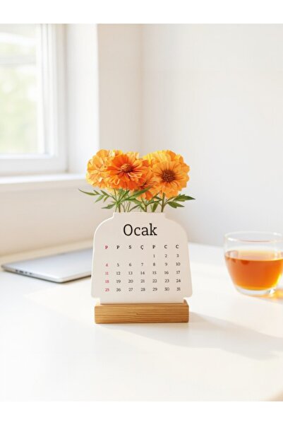 VORACRAFT 2026 takvimi, Masa takvimi, Turuncu Çiçek Ahşap Ayaklı Masa Takvimi 001