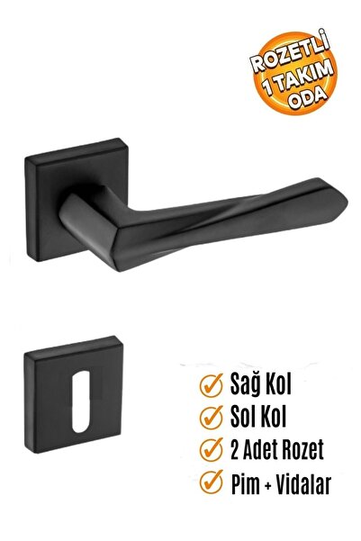 Nobel Lavinya Çelik Mat Siyah Kare Rozetli Oda Kapı Kolu / 40mm Siyah Oda Kapı Kilidi / FULL SET