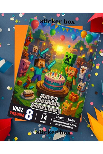 Think And Print Davetiye Çocuk Parti Malzemesi Doğum Günü Süsü Sünnet Davetiye Kart Kişiye Özel MİNECRAFT 20 ADET