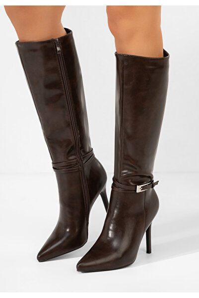 B T Shoes Hnedé kozačky na jehlovém podpatku Nivora