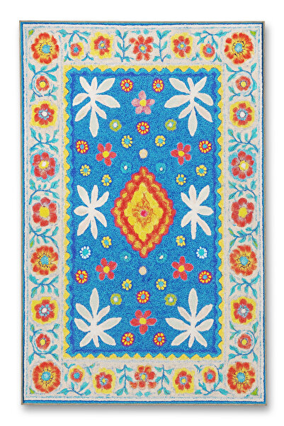 Rugs Modern Halı سجادة ديكور حديثة من MOSSO ذات تصميم أزرق منقوش بالزهور والأ...