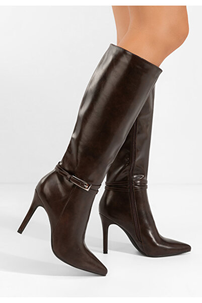 B T Shoes Hnedé kozačky na jehlovém podpatku Nivora