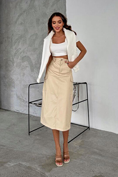 FashionForYou Tabyta eco-leather skirt, with pockets and three-quarter cut, Cream