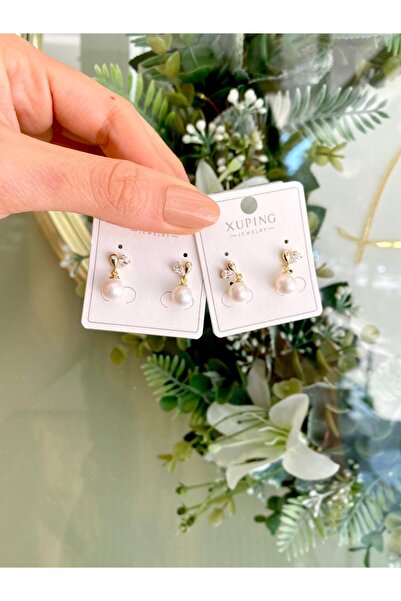 Lilyum Aksesuar İncili Zirkon Taşlı Mini Kalp Anne Kız Kombin Gold Altın Sarı Minimal Özel Seri Çelik Küpe(2 Adet)