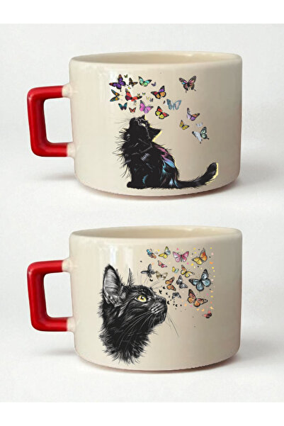 lili hediyelik Cat with a Butterfly 2-Piece Cup Set - Christmas Gift for a Friend, Gift for a Lawyer, Gifts to Give to Mothers