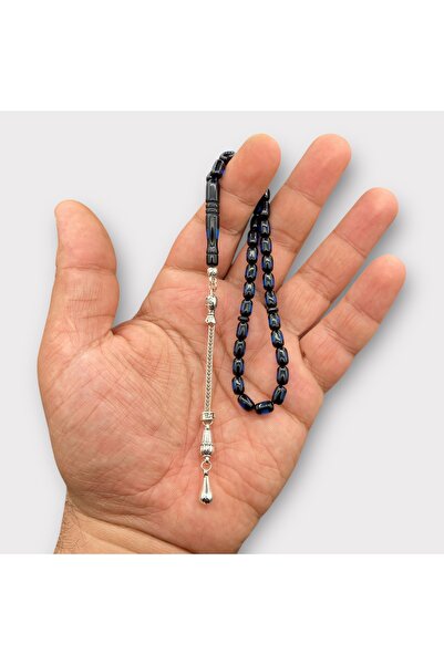 Kt BİLEK BOY SİYAH MAVİ SÜRMELİ TOZ KEHRİBAR KAPLAMA PÜSKÜLLÜ TESBİH