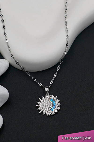 TREND COLLECTİON Women's Stainless Steel Silver Chain Sun and Moon Necklace