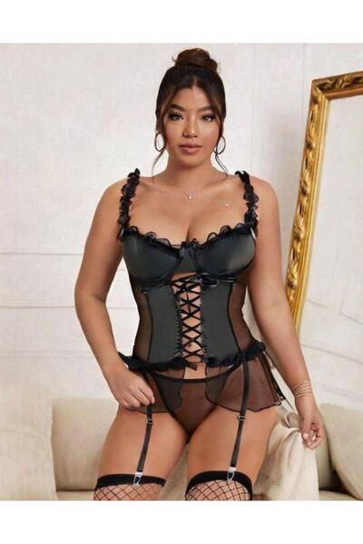 qp She Black Transparent Lace-Up Garter Detailed Fancy Lingerie Set