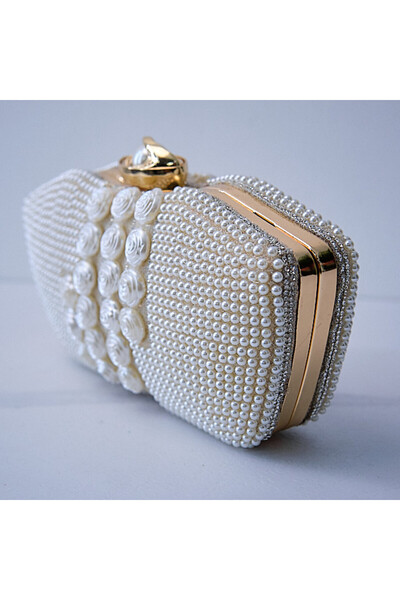 FashionForYou Τσάντα για επαγγελματικές εμφανίσεις, Opulent Style, τύπου clutch, με διακοσμητικές φλοράλ και πέρλες λεπτομέρειες, κρεμ