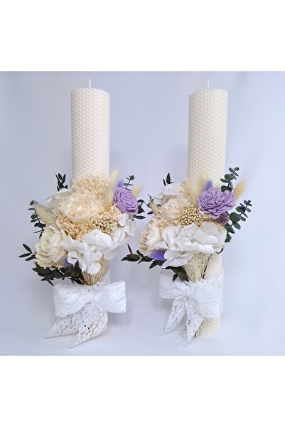 OEM Lumânări de nuntă din ceară, decorate cu hortensii conservate și flori criogenate/uscate,H40/D6