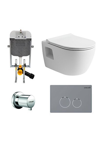 Creavit Turavit Rondo Kanallı Beyaz Asma Klozet RND5508, Nkp Yavaş Kapak, Terra Gömme Rezervuar Set
