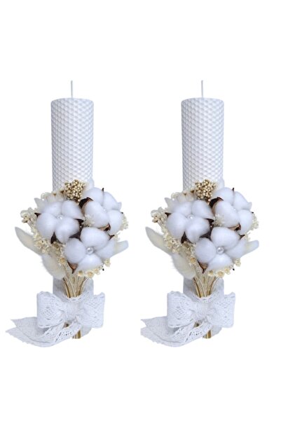 OEM Lumânări de nuntă din ceară, decorate cu bumbac și flori conservate/uscate, H35/D5 cm,