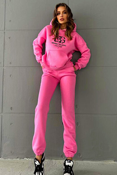 FashionForYou Compleu bumbac vatuit BiGest, cu gluga, inscriptionat, si croi sport, Roz