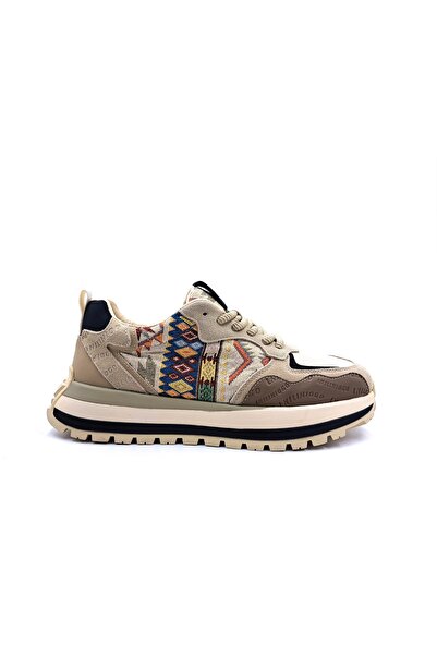 Guja Hakiki Deri Ve Tekstil Etnik Desenli Erkek Bej Sneaker Spor Ayakkabı