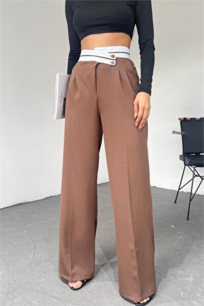 FashionForYou Renato elegant trousers, loose fit and asymmetrical closure, Brown