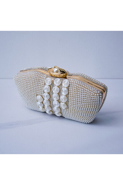 FashionForYou Τσάντα για επαγγελματικές εμφανίσεις, Opulent Style, τύπου clutch, με διακοσμητικές φλοράλ και πέρλες λεπτομέρειες, κρεμ