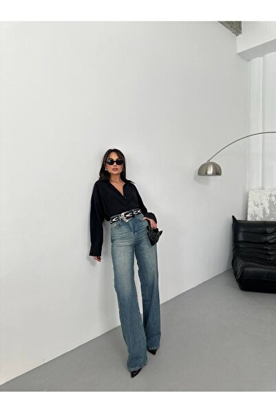 Tumtum Wear بنطلون جينز واسع الساق ذو مظهر عتيق وخصر مرتفع