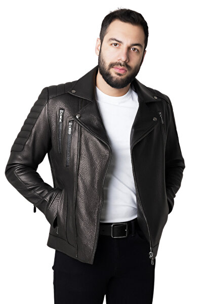 DERİJE Lucas Genuine Jumbo Leather Men's Black Biker Motorcycle Style Jacket-...