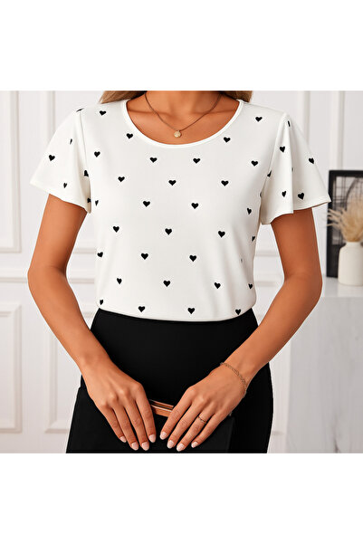 soonaksesuar Bluză de damă cu mâneci scurte tip fluture, cu decolteu, cu model de inimă