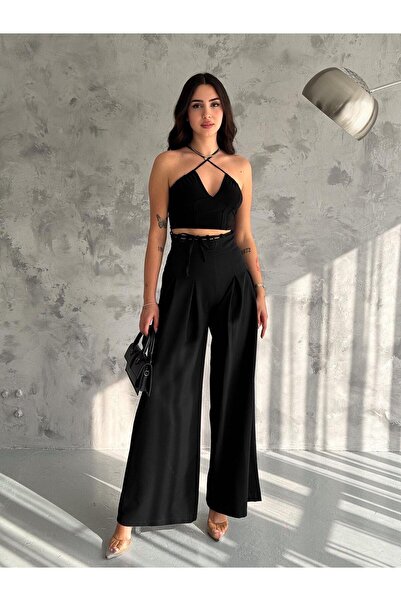 Sempre Pantaloni confortabili din material textil cu dantelă în talie