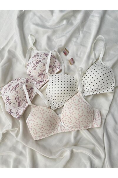 İNKO İÇ GİYİM Cotton Combed Cotton Wire-Free Unpadded 4-Piece Gathering Bra