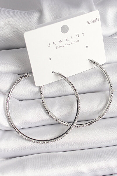 Clariss Brass Silver Color Zircon Stone Hoop Model Women's Earrings