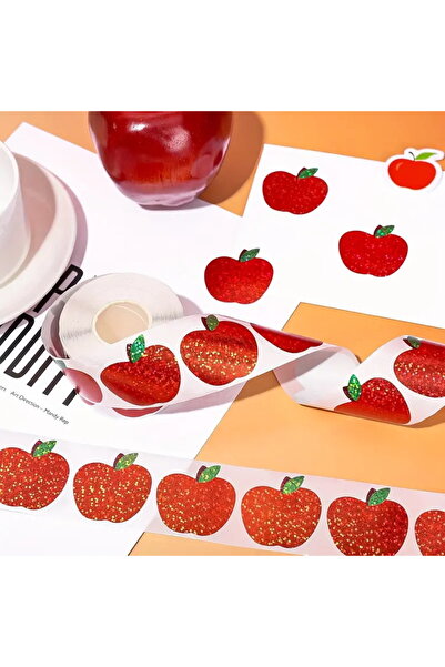 hdcw 500 ADET 2,5 cm ELMA TASARIMLI IŞILTILI YAPIŞKANLI RULO STICKER ETİKET HEDİYE PAKETLEME