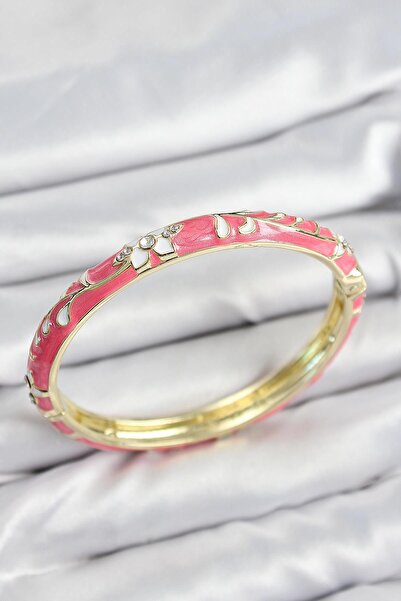 Inure Jewelry أصفاد نسائية ذهبية من النحاس المطلي بالمينا مع أحجار الزركون ونقش زهرة وردية للاستخدام اليومي