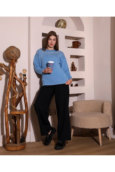 MILANOFOX Stone Embroidered Washable Long Sleeve Crew Neck Blue Knitwear Sweater Comfortable Fit Casual Stylish Women's Blouse