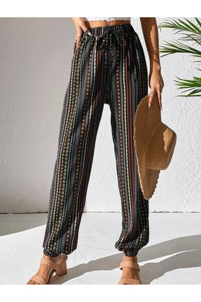 Kokosh moda Women's Moss Crepe Fabric Comfortable Cut Trousers with Elastic Waist and Ankles