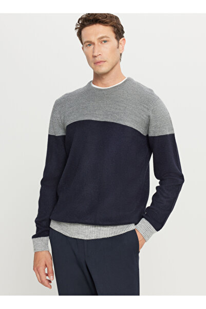 ALTINYILDIZ CLASSICS guler rotund Pulover pentru bărbați, standard, albastru marin - gri ACE049261480_LGJ