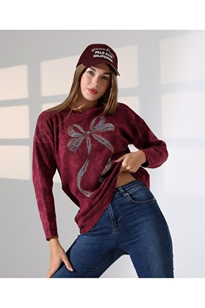 MILANOFOX Ribbon Stone Detailed Washable Long Sleeve Crew Neck Stylish Comfortable Casual Women's Burgundy Knitwear Sweater