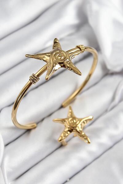 Inure Jewelry مجموعة خواتم سوار من النحاس على شكل نجم البحر باللون الذهبي