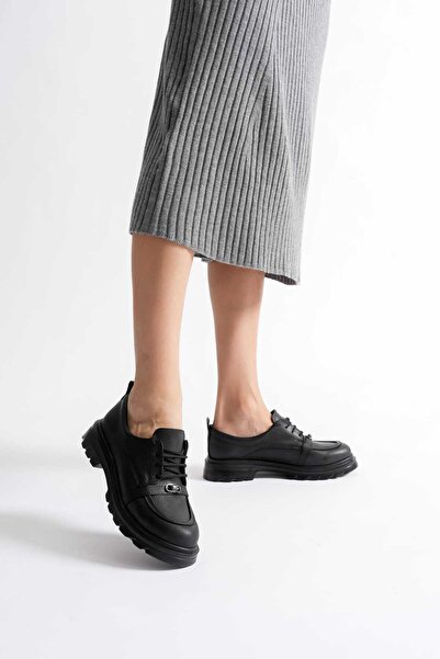 VİP SMR MODA Women's Loafer Thick Sole Lace-Up Accessory Casual Shoes Black